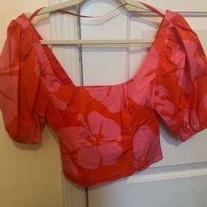 STAUD Pink & Red Floral Puff Sleeve top